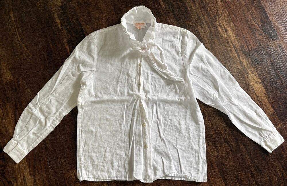 Vintage Brooks Brothers White Tie-Neck Cotton Blouse Button-Down Size 6